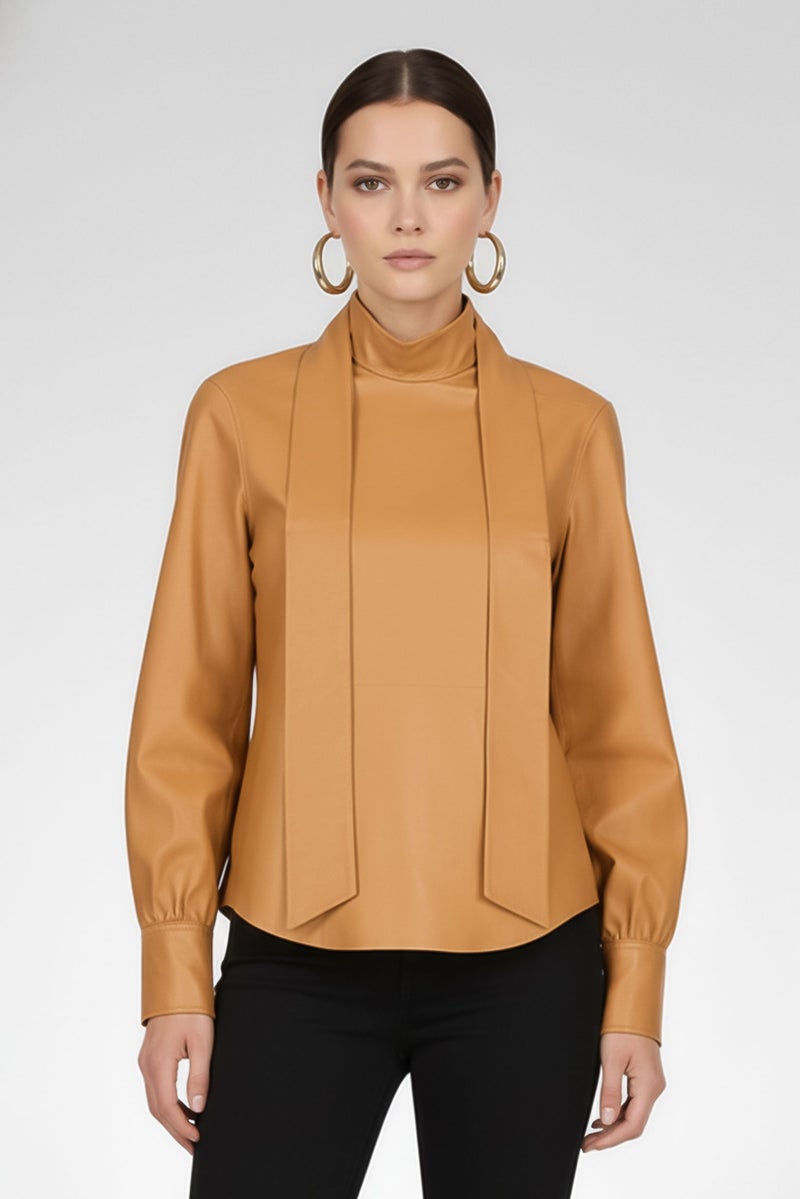 GANT بلوزة نسائية بكم طويل بياقة مرتفعة من غانت × رانجلر، بني - Image 5